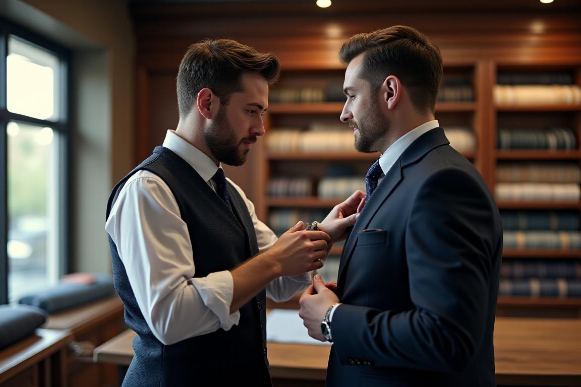 Krawiec mierzący klienta w luksusowym studiu